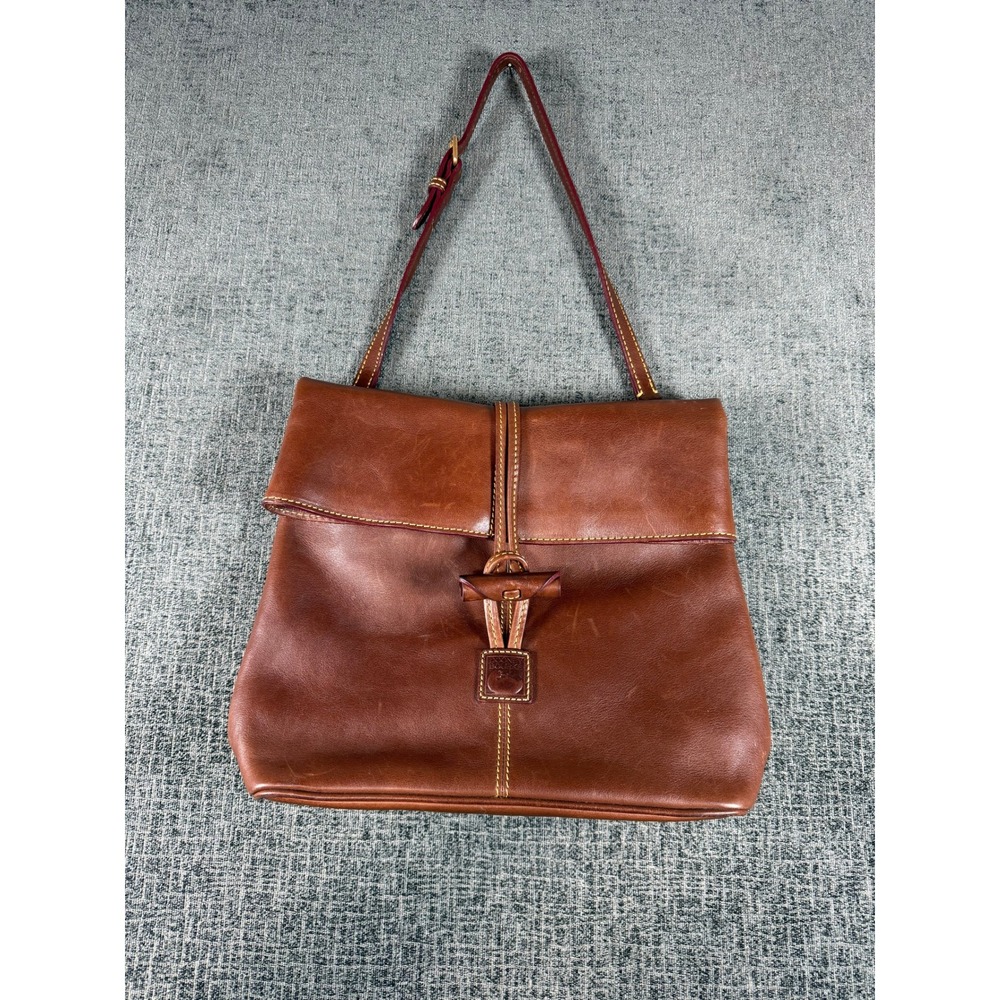 Dooney & Bourke Brown Leather Toggle Fold Over Shoulder Bag Vintage Duck Logo